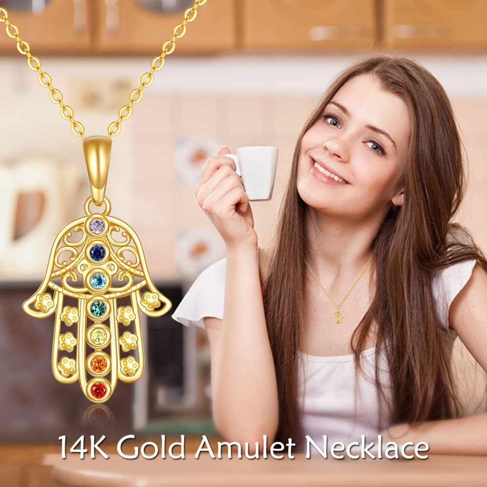 10K Gold Cubic Zirconia Hand Of Fatima Pendant Necklace-5