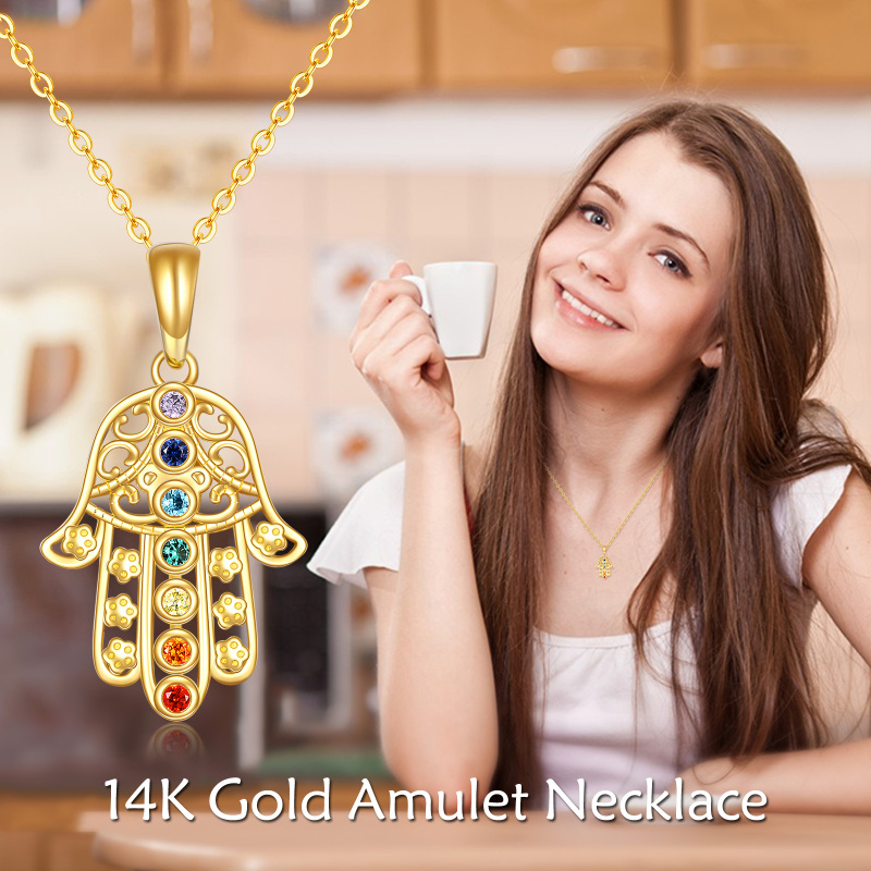 Colar com pendente de mão Hamsa em ouro branco 10K com zircónias cúbicas-5