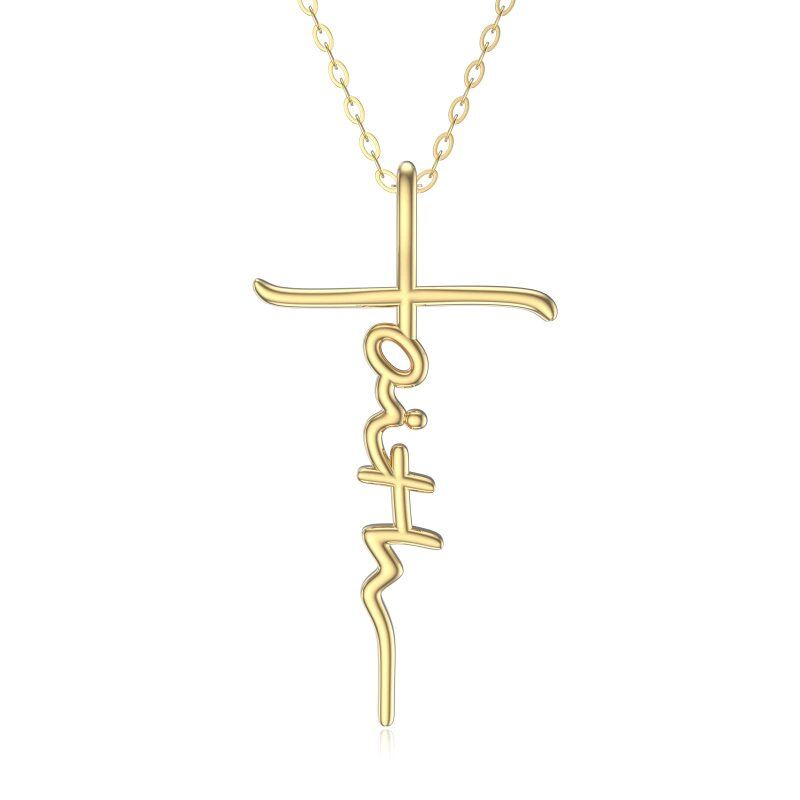 Colar com pingente de cruz de fé com caligrafia em ouro 14K-1