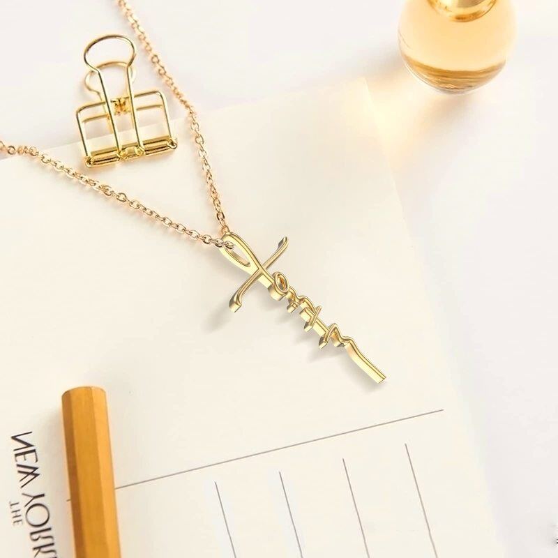 10K Gold Handwriting Faith Cross Pendant Necklace-3