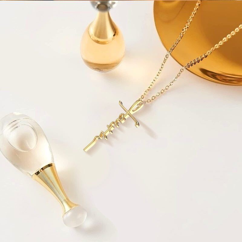 10K Gold Handwriting Faith Cross Pendant Necklace-4