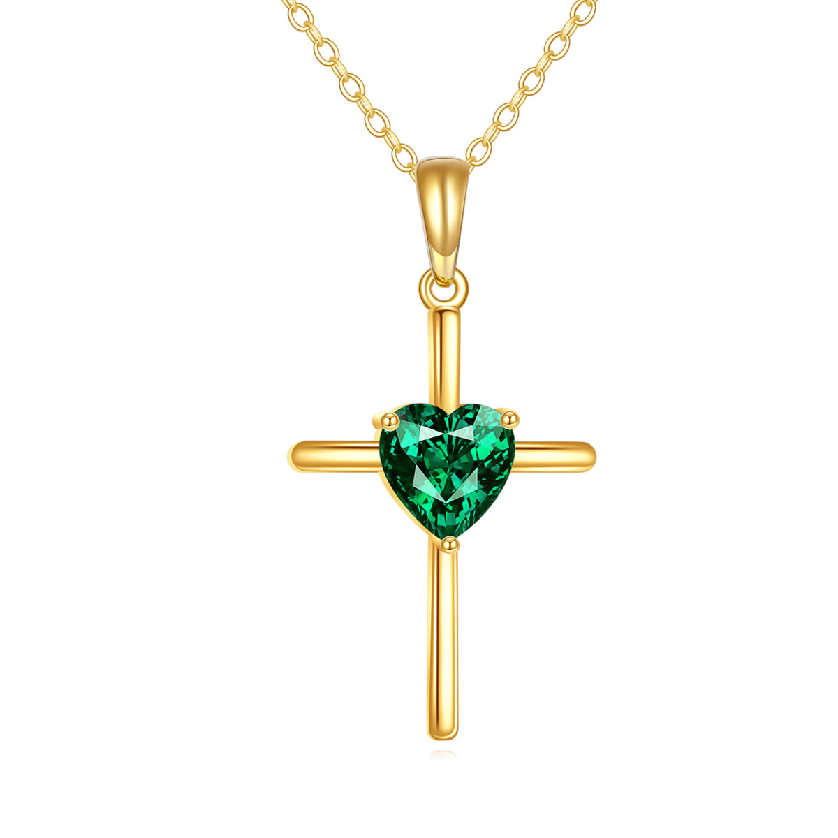 18K Gold Heart Artificial Emerald Cross Pendant Necklace-1