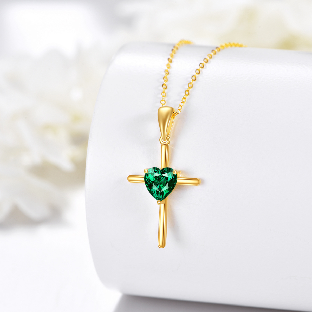 18K Gold Heart Artificial Emerald Cross Pendant Necklace-4