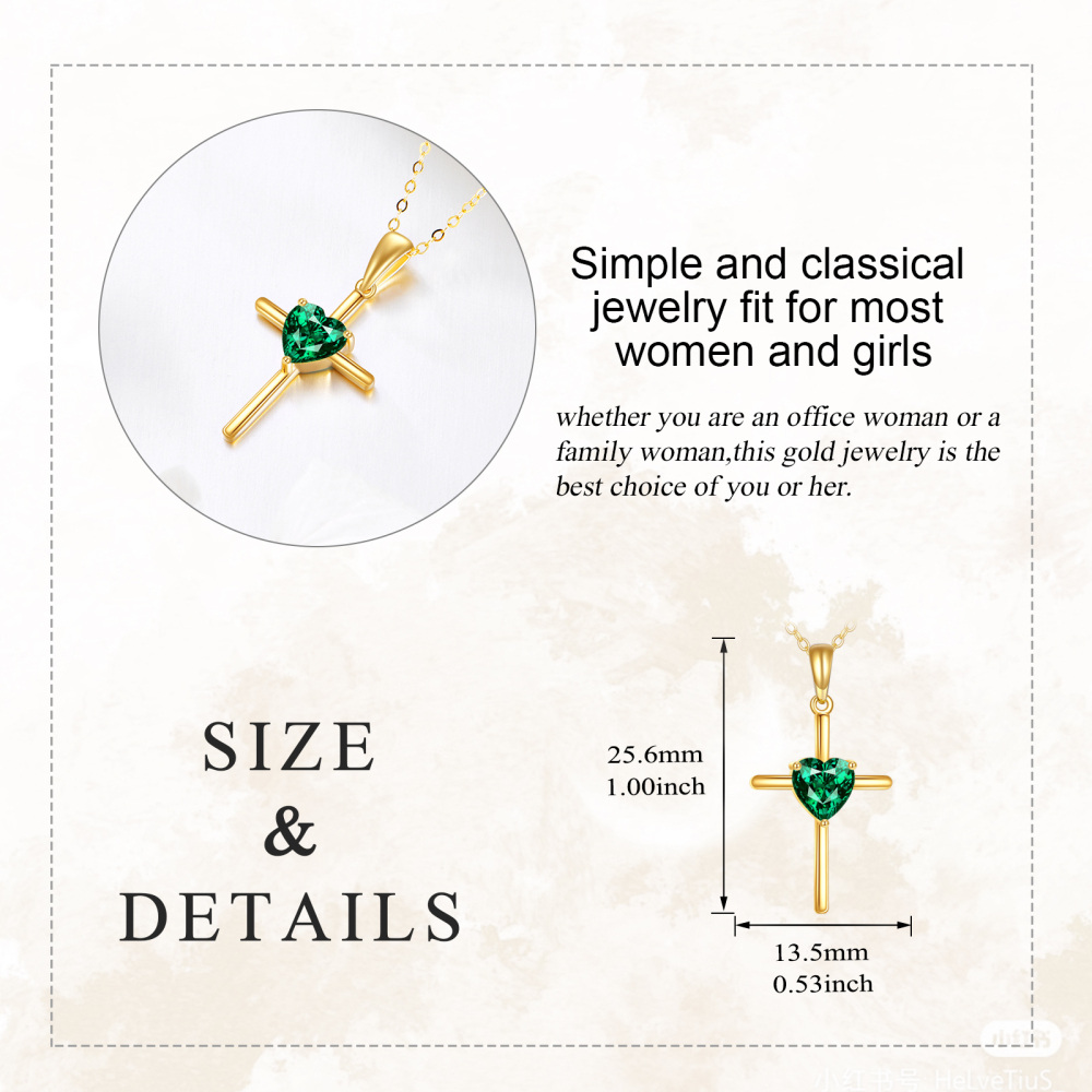 10K Gold Heart Artificial Emerald Cross Pendant Necklace-5