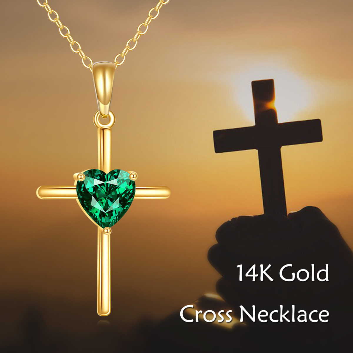 Colar com pingente de cruz de esmeralda artificial em forma de coração de ouro 18K-6