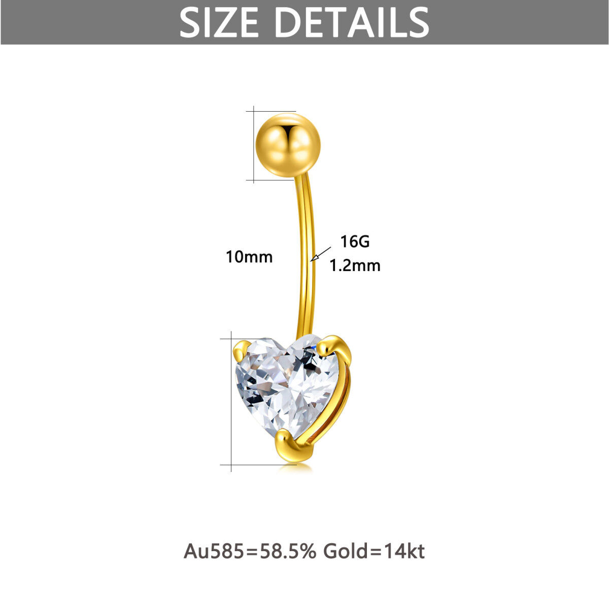 10K Gold Heart Cubic Zirconia Belly Button Ring-5