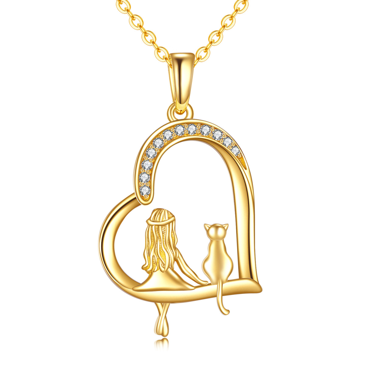 14K Gouden Hart Kat & Meisje Hanger Halsketting-1