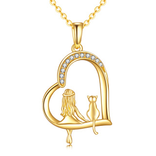 10K Gold Heart Cat & Girl Pendant Necklace-34