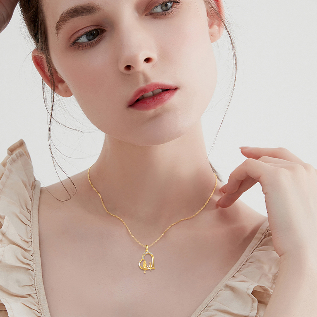 Collier avec pendentif en or 14K en forme de coeur de chat et de fille-2