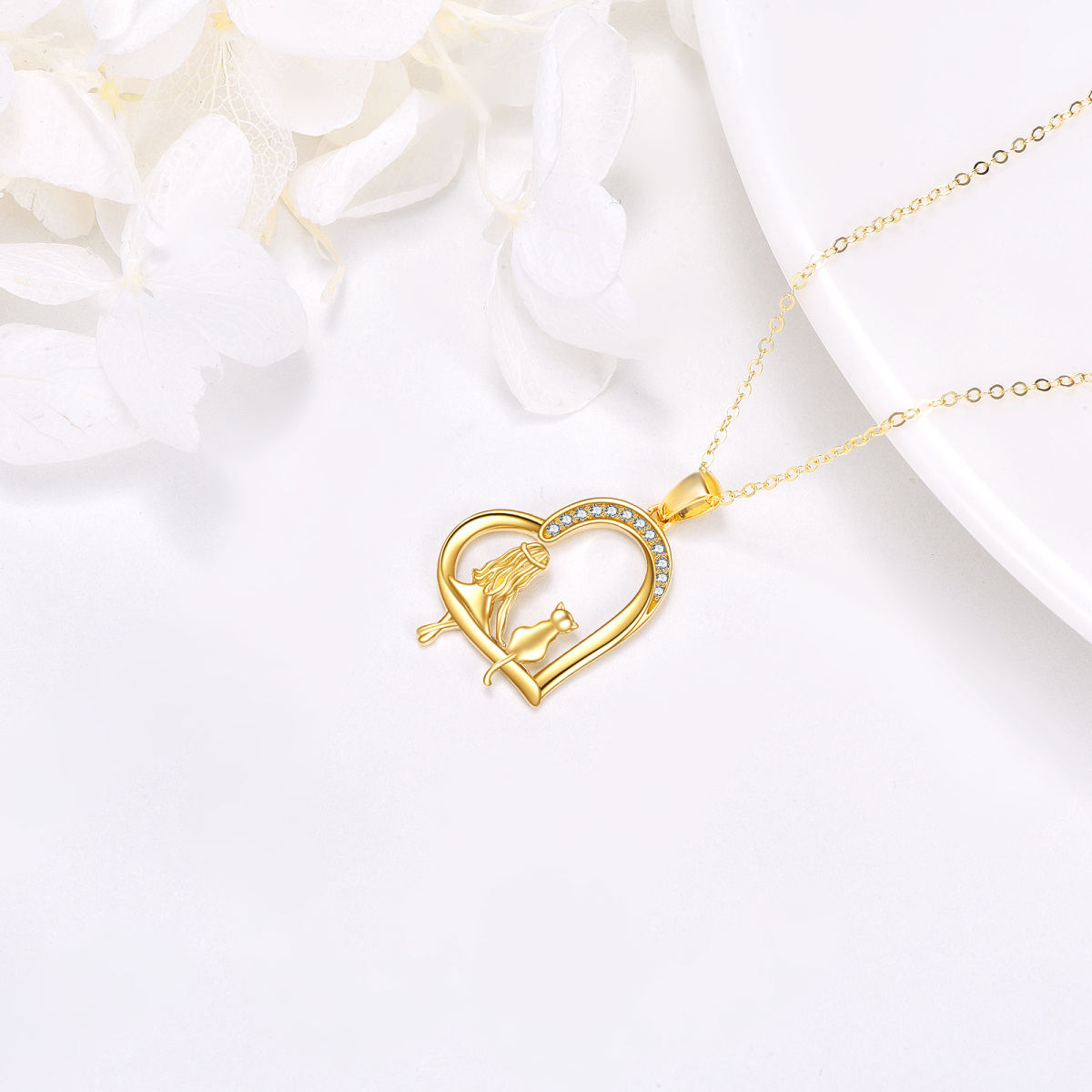 14K Gold Heart Cat & Girl Pendant Necklace-3