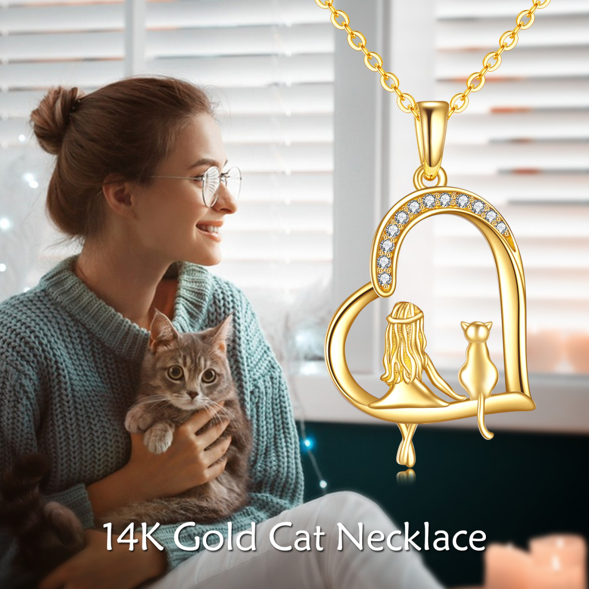 14K Gold Heart Cat & Girl Pendant Necklace-5