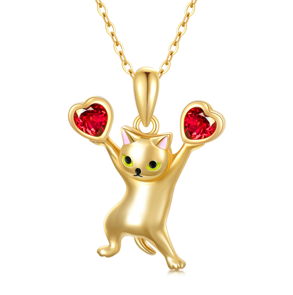 10K Gold Heart Cubic Zirconia Cat Pendant Necklace-1