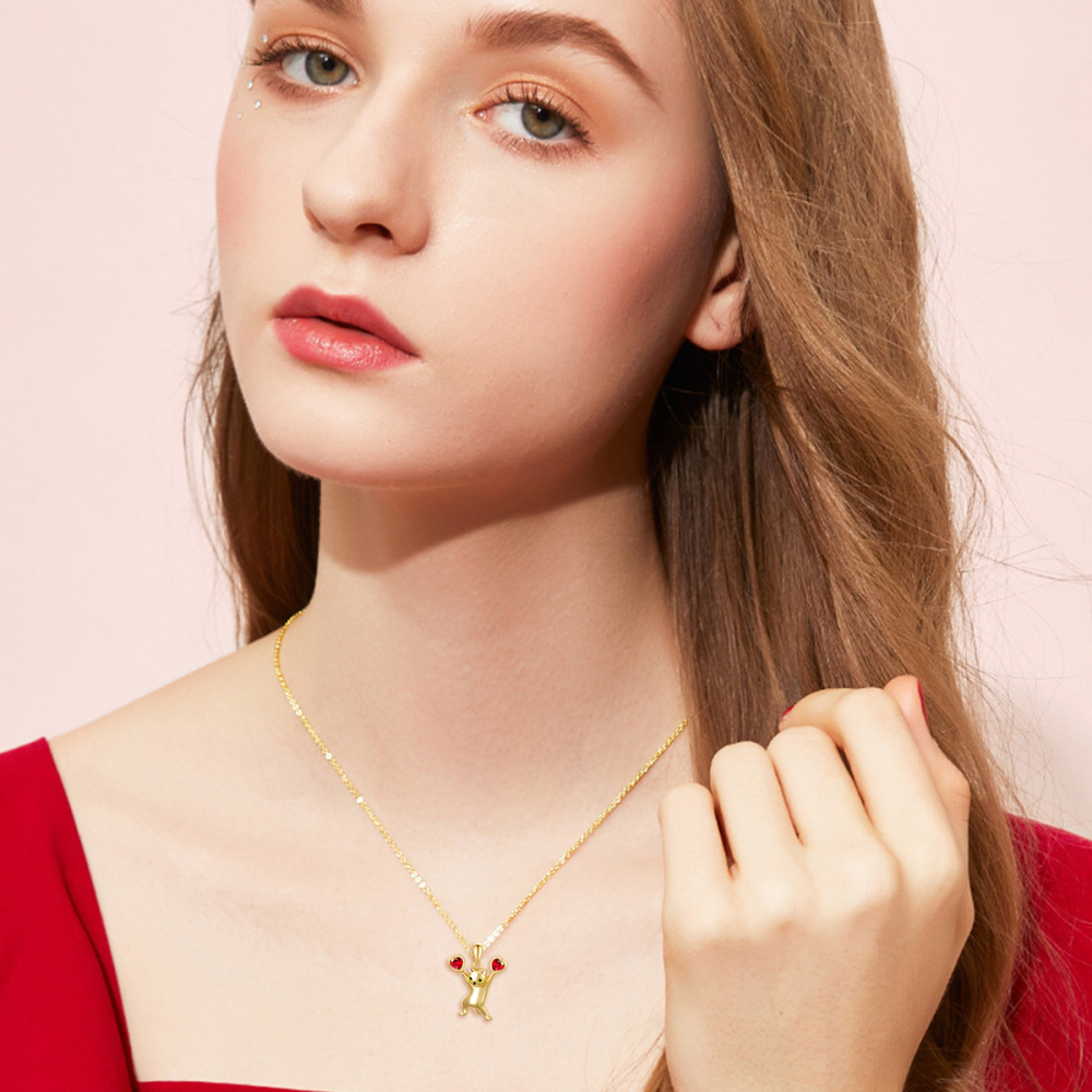 10K Gold Heart Cubic Zirconia Cat Pendant Necklace-2