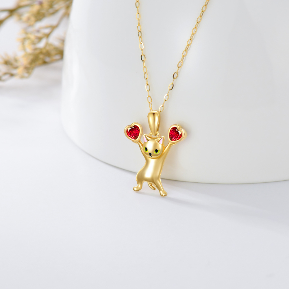 10K Gold Heart Cubic Zirconia Cat Pendant Necklace-3
