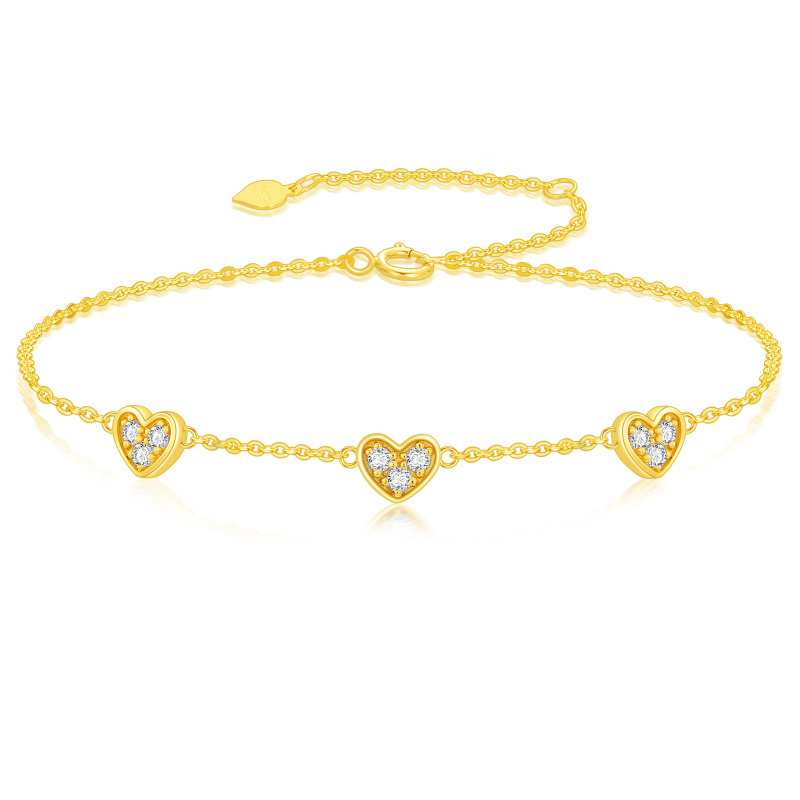 10K Gold Cubic Zirconia Heart With Heart Charm Bracelet-3
