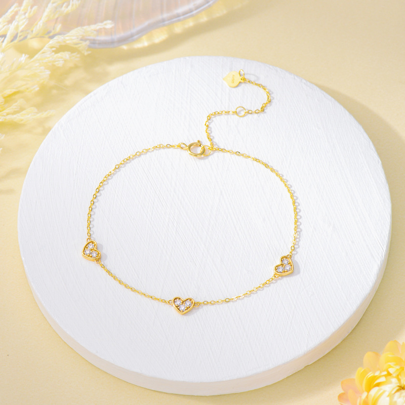 10K Gold Cubic Zirconia Heart With Heart Charm Bracelet-3