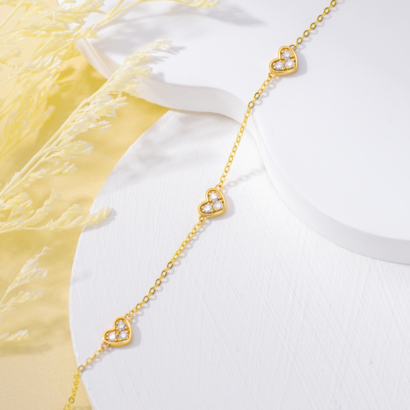 10K Gold Cubic Zirconia Heart With Heart Charm Bracelet-4