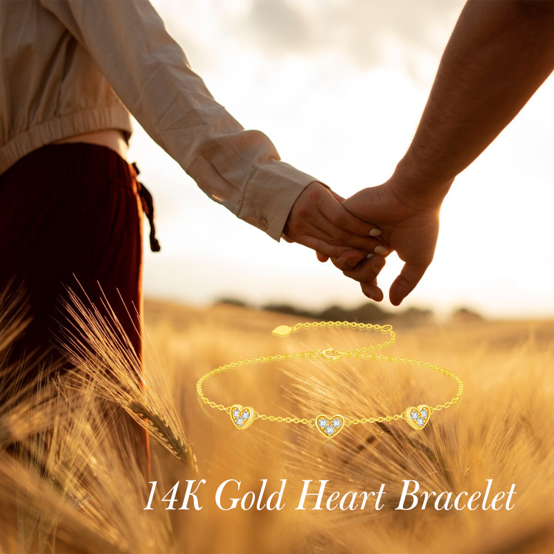 10K Gold Cubic Zirconia Heart With Heart Charm Bracelet-6