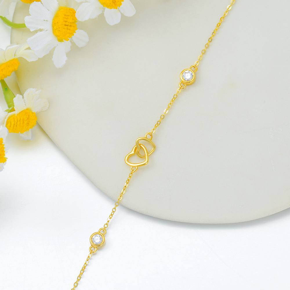 10K Gold Cubic Zirconia Heart With Heart Charm Bracelet-4