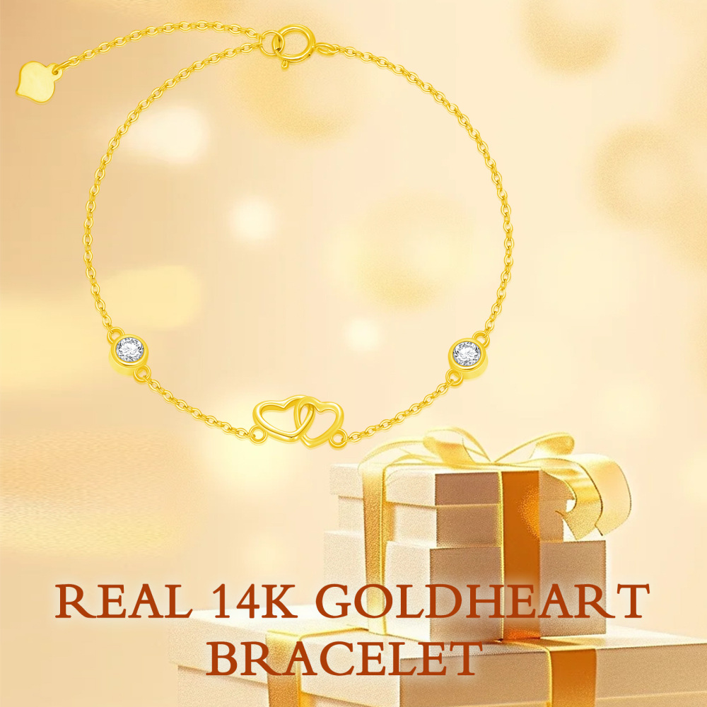 10K Gold Cubic Zirconia Heart With Heart Charm Bracelet-6