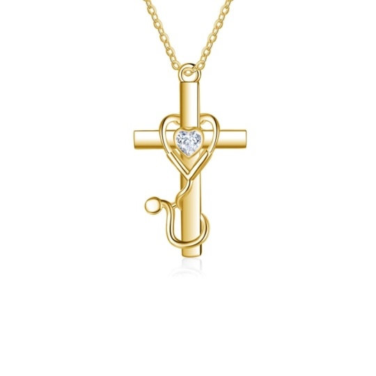 Collier en or 14K avec pendentif croix et stéthoscope en zircon cubique en forme de coeur