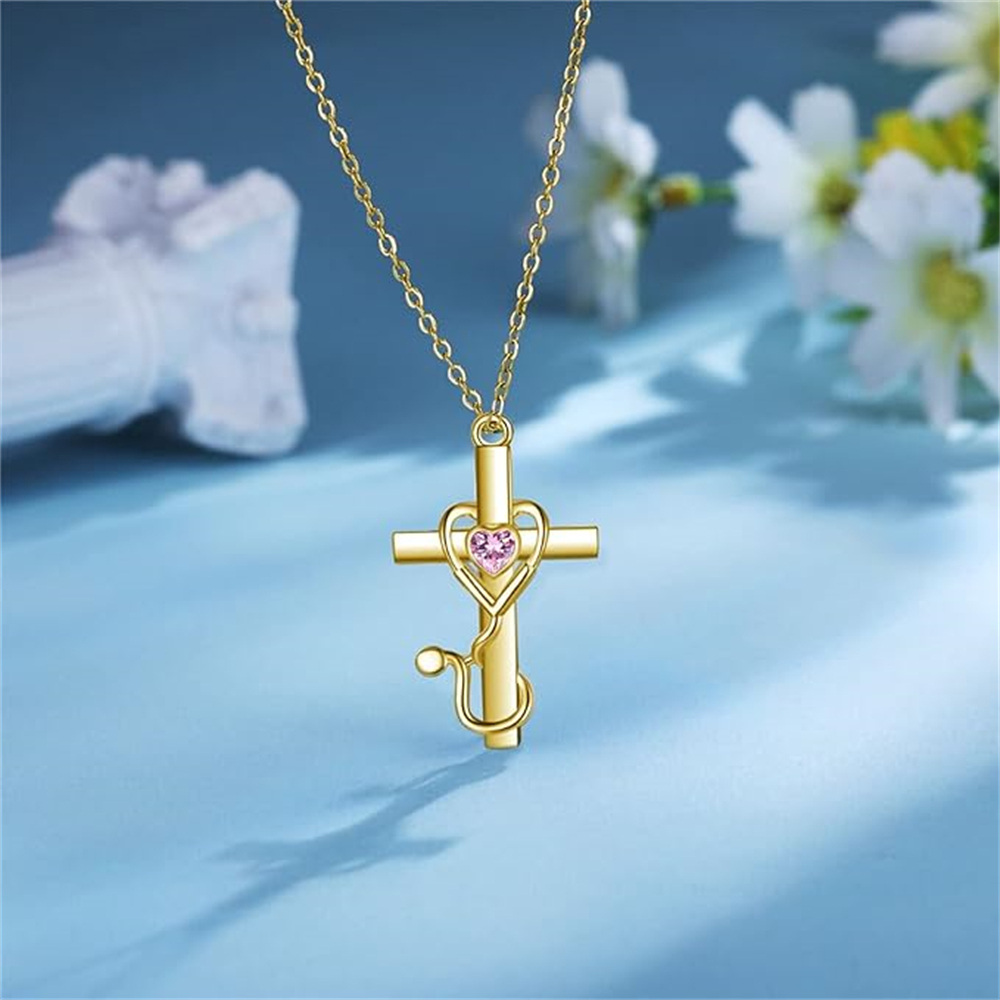 14K Gold Heart Cubic Zirconia Cross & Stethoscope Pendant Necklace-3