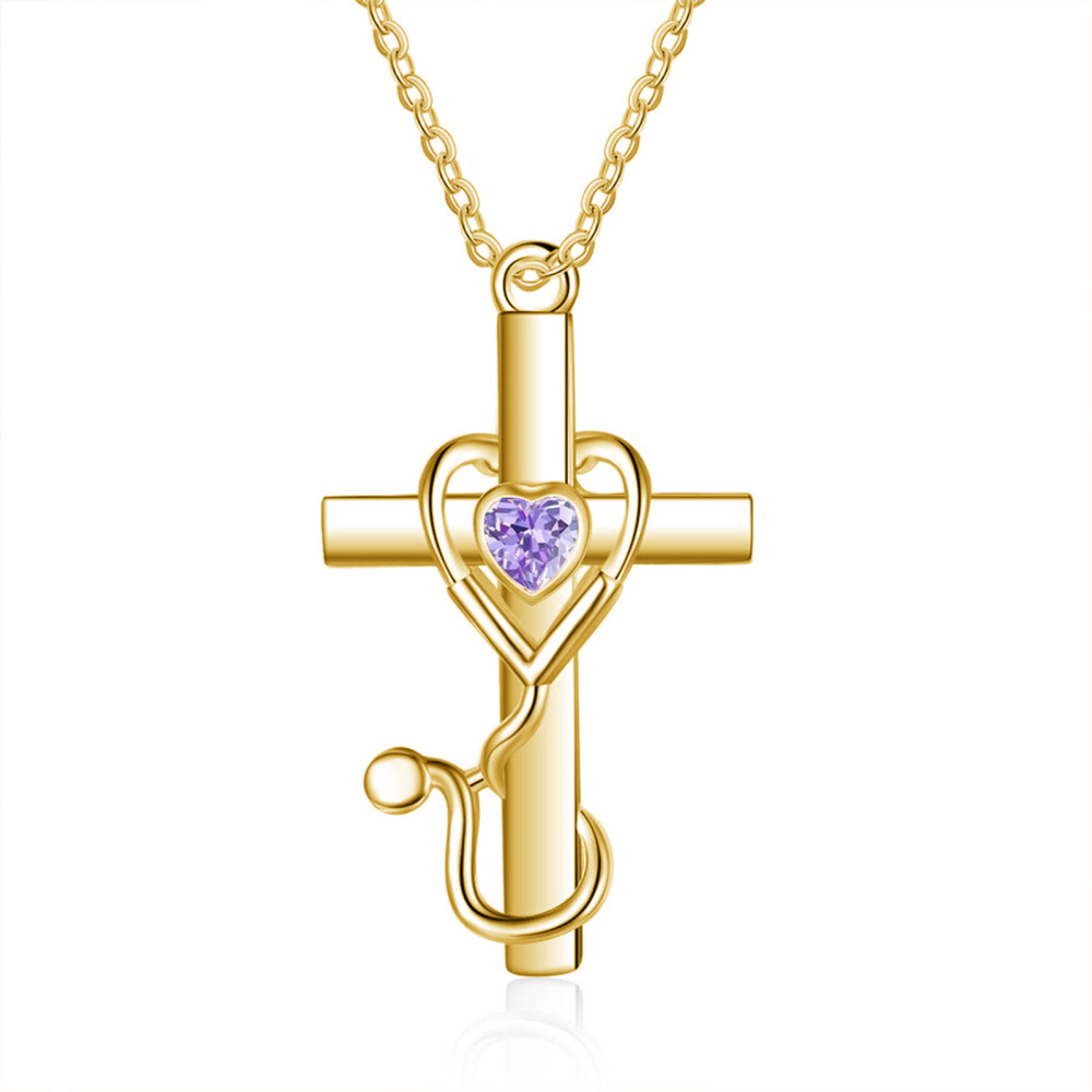 14K Gold Herz Cubic Zirkonia Kreuz & Stethoskop Anhänger Halskette-1