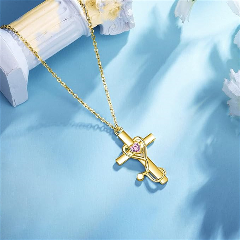 14K Gold Heart Cubic Zirconia Cross & Stethoscope Pendant Necklace-5