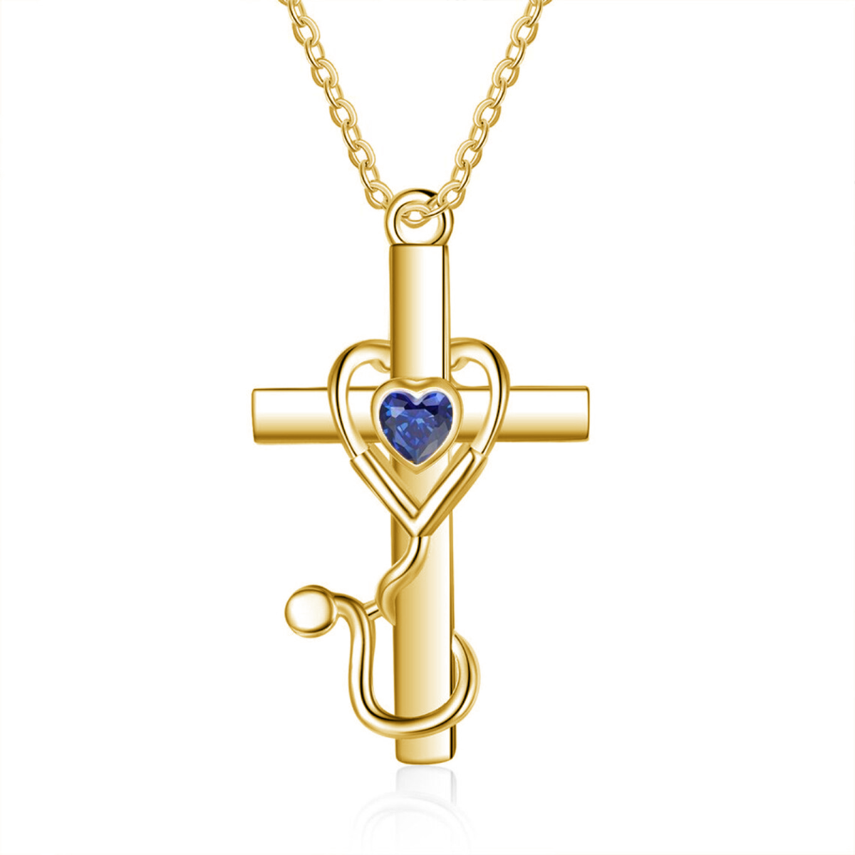 10K Gold Heart Cubic Zirconia Cross & Stethoscope Pendant Necklace-1