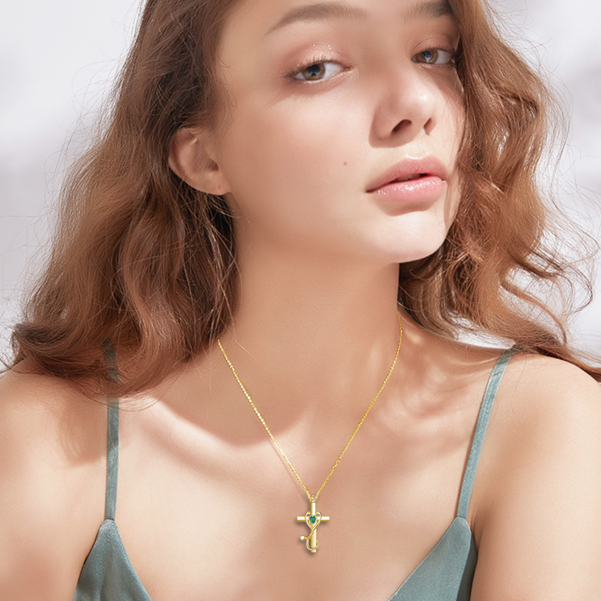 14K Gold Heart Cubic Zirconia Cross & Stethoscope Pendant Necklace-3