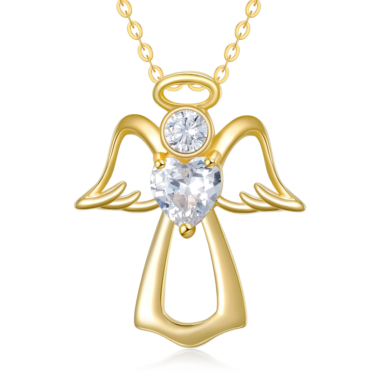 14K Gold Heart Cubic Zirconia Birthstone Angel Wing Pendant Necklace For Women-1