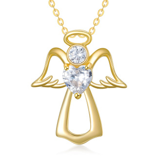 14K Gold Heart Cubic Zirconia Birthstone Angel Wing Pendant Necklace For Women-34