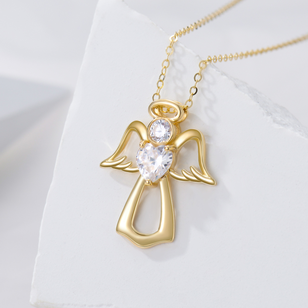 14K Gold Heart Cubic Zirconia Birthstone Angel Wing Pendant Necklace For Women-4