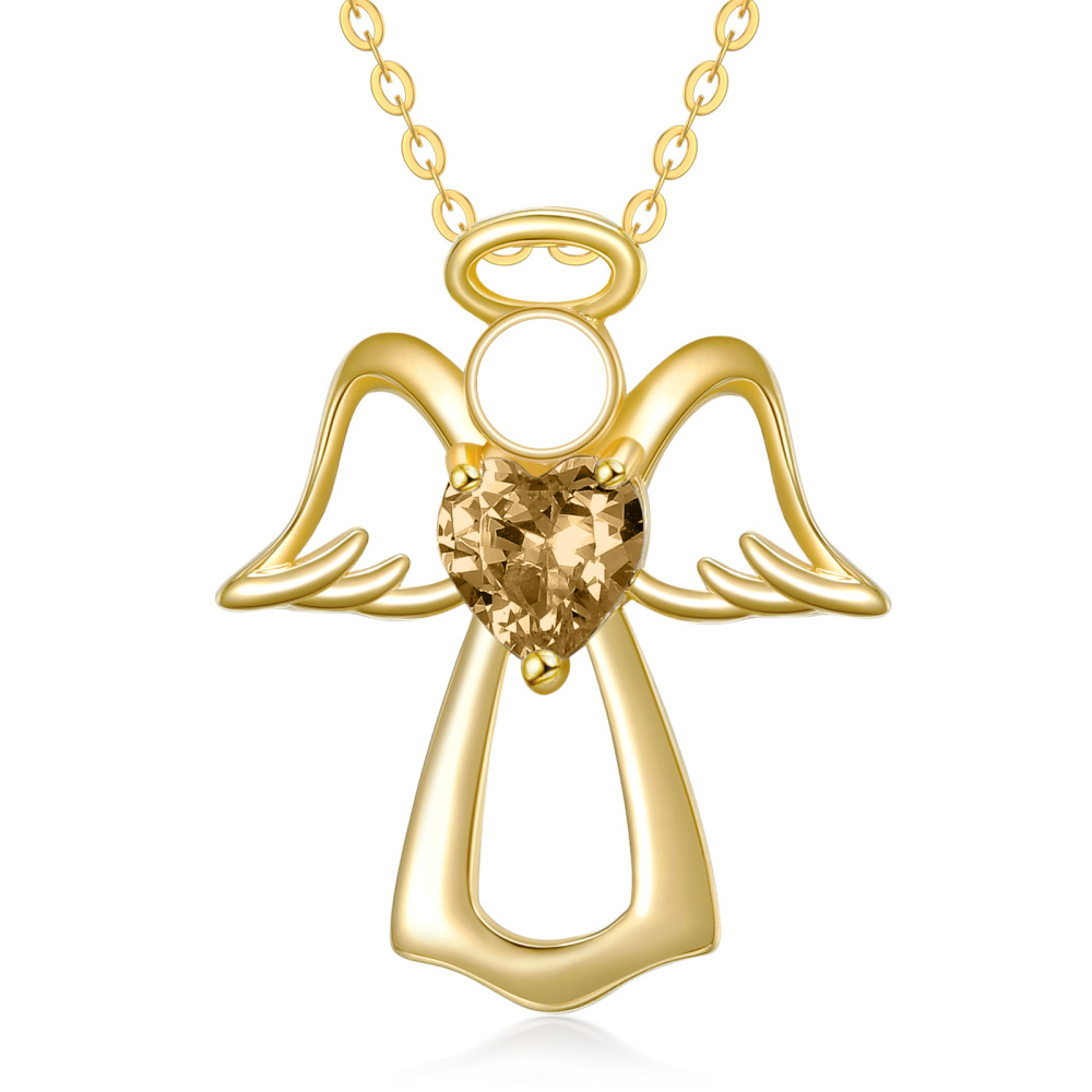 10K Gold Heart Crystal Angel Wing Pendant Necklace For Women-1