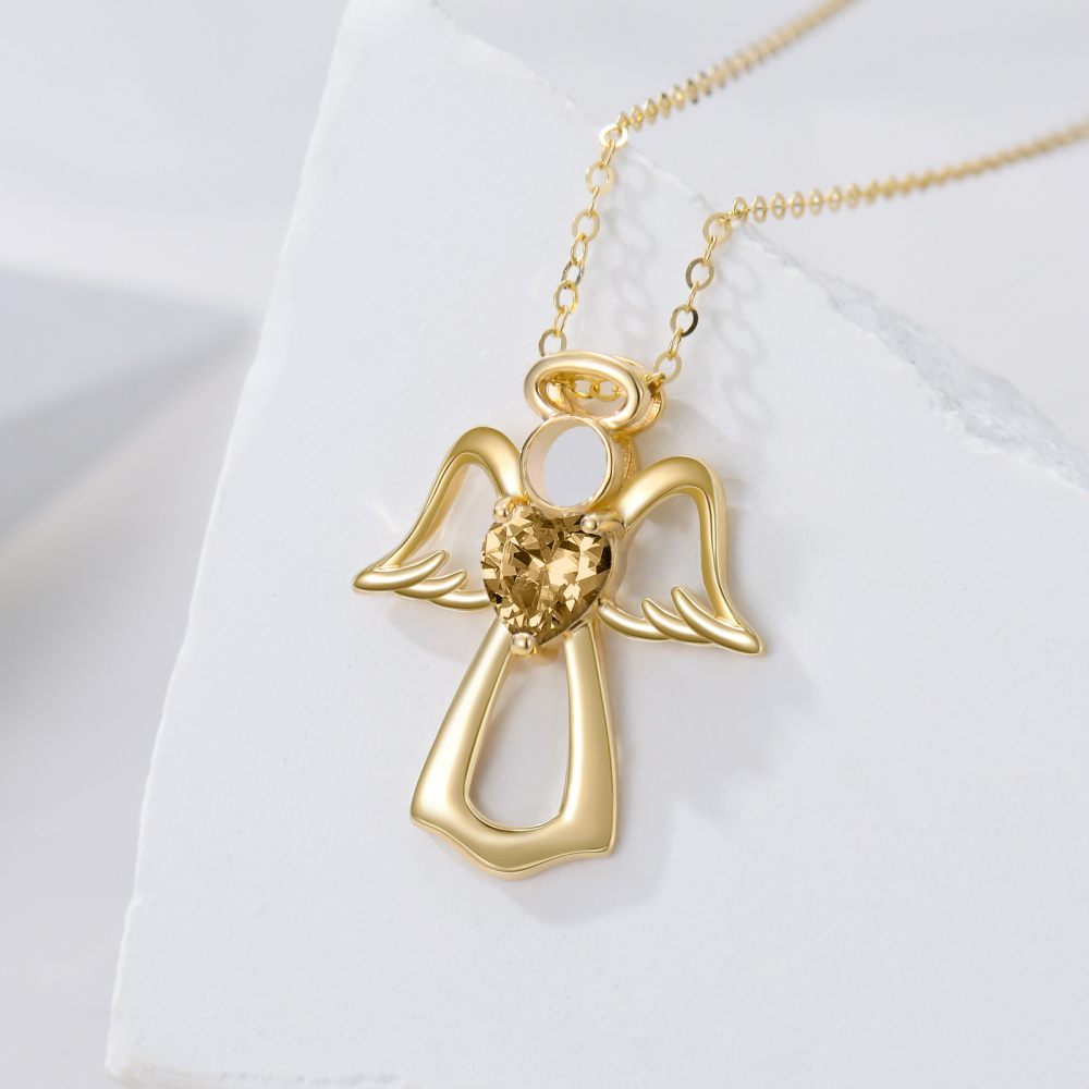 10K Gold Heart Crystal Angel Wing Pendant Necklace For Women-3