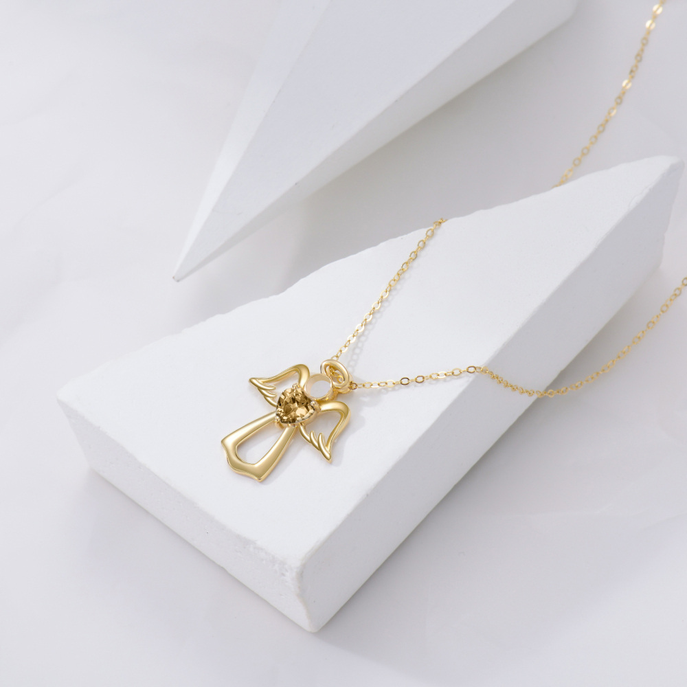 10K Gold Heart Crystal Angel Wing Pendant Necklace For Women-4