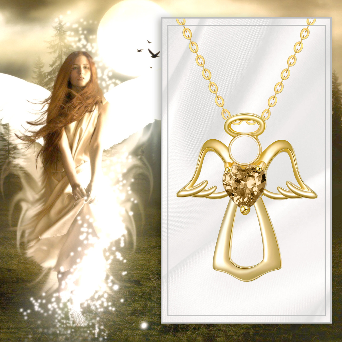 14K Gold Heart Crystal Angel Wing Pendant Necklace For Women-6