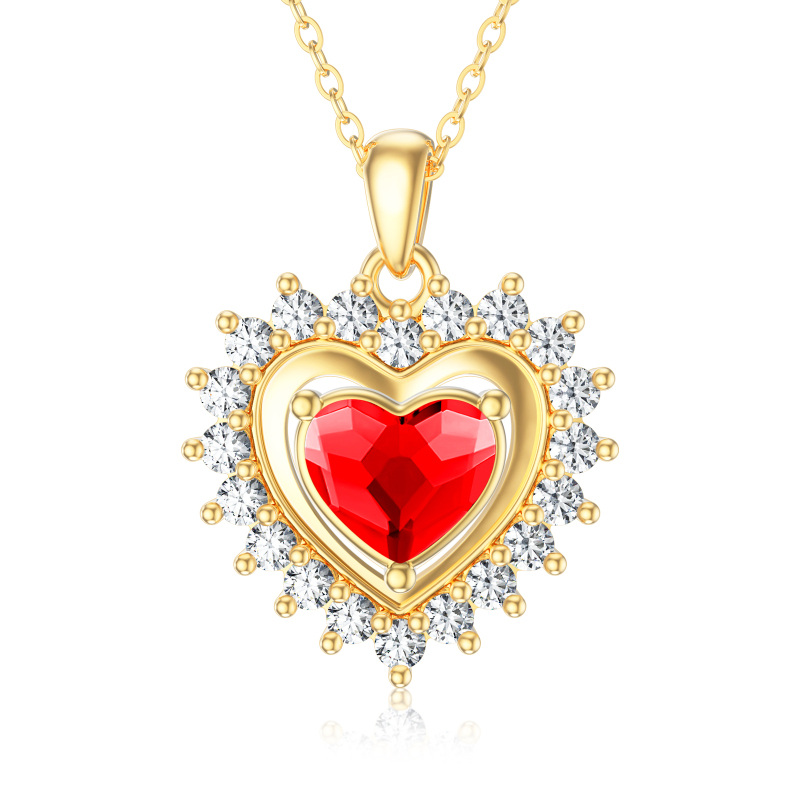 10K Solid Gold Red Crystal Halo Heart Pendant Necklace For Women-2