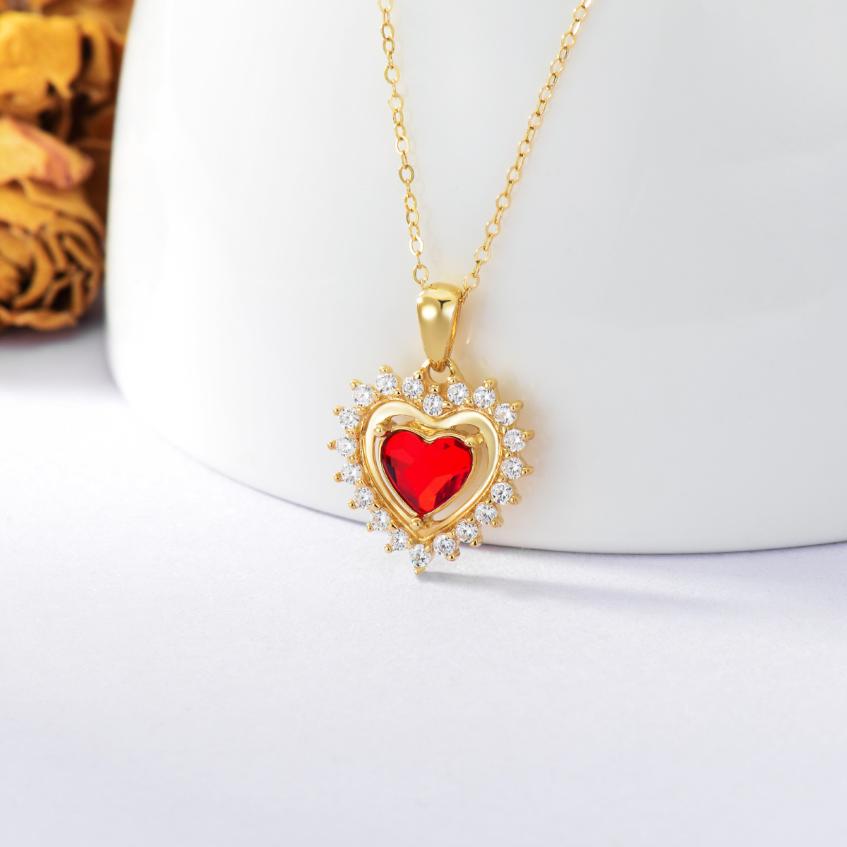 14K Solid Gold Red Crystal Halo Heart Pendant Necklace For Women-3