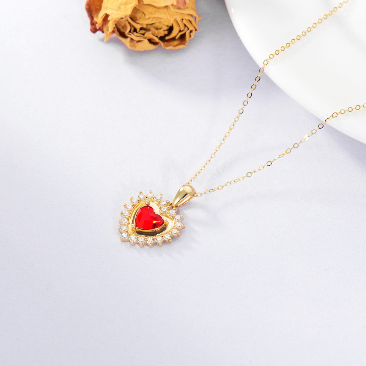 14K Solid Gold Red Crystal Halo Heart Pendant Necklace For Women-4