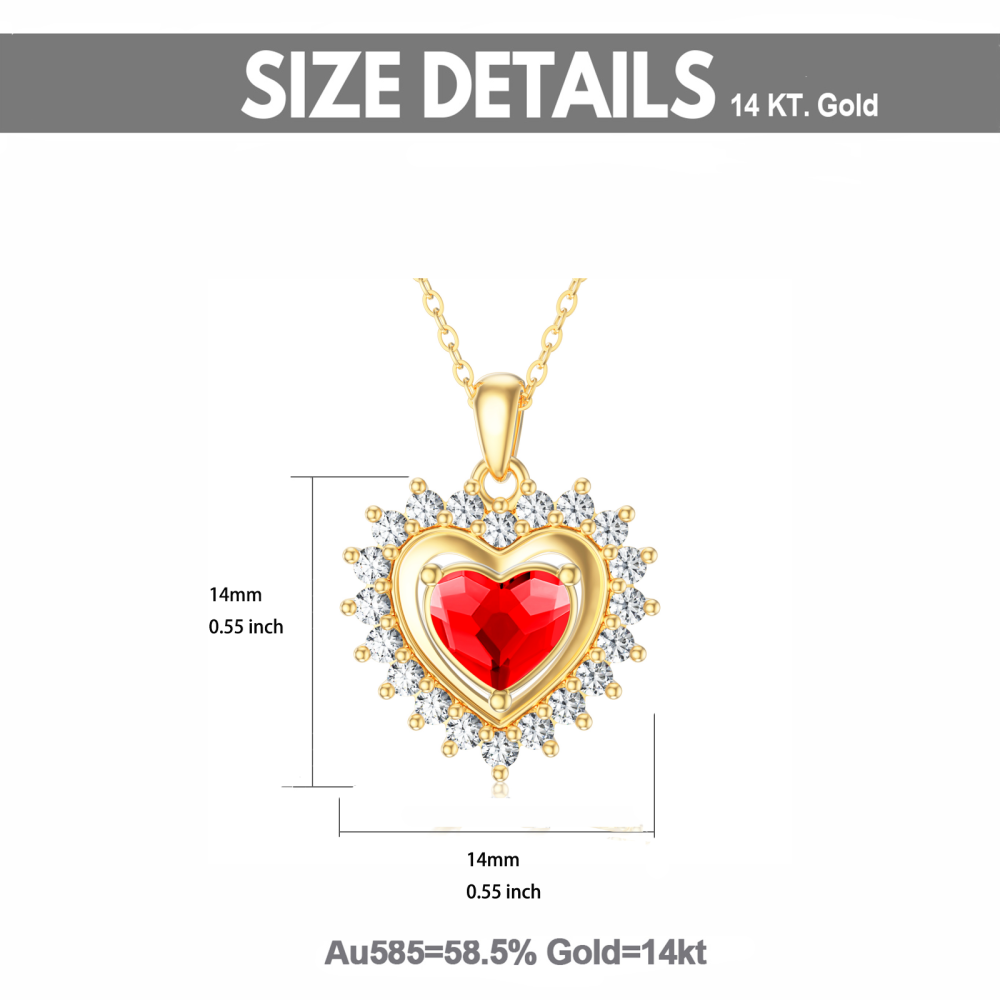 Colar com pingente de coração Halo de cristal vermelho em ouro maciço 10K para mulheres-6