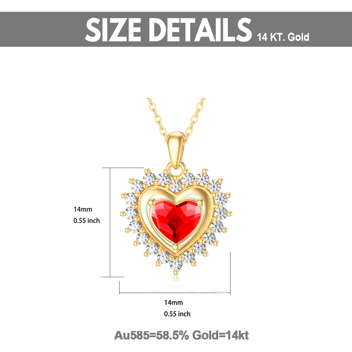 14K Solid Gold Red Crystal Halo Heart Pendant Necklace For Women-6