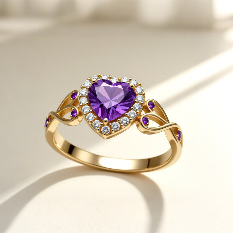 Anel de Noivado com Ametista em Forma de Coração e Diamantes Criados em Laboratório, em Ouro 14K-2