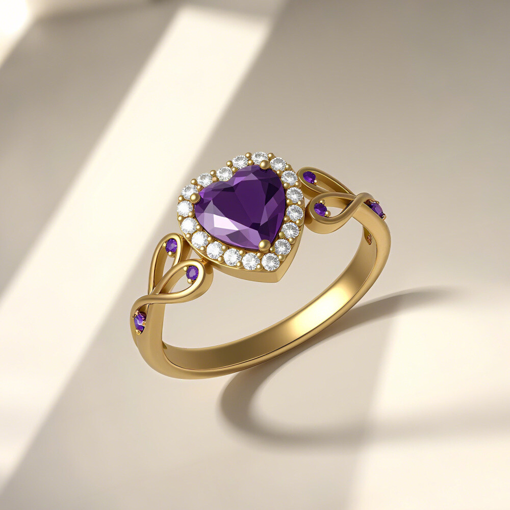 14K Gold Heart Cut Amethyst & Lab Created Diamond Engagement Ring-3
