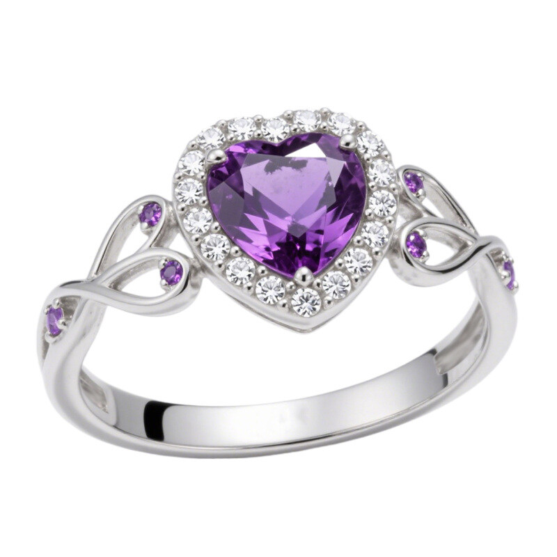 Anel de Noivado com Ametista em Forma de Coração e Diamantes Criados em Laboratório, em Ouro 14K-4