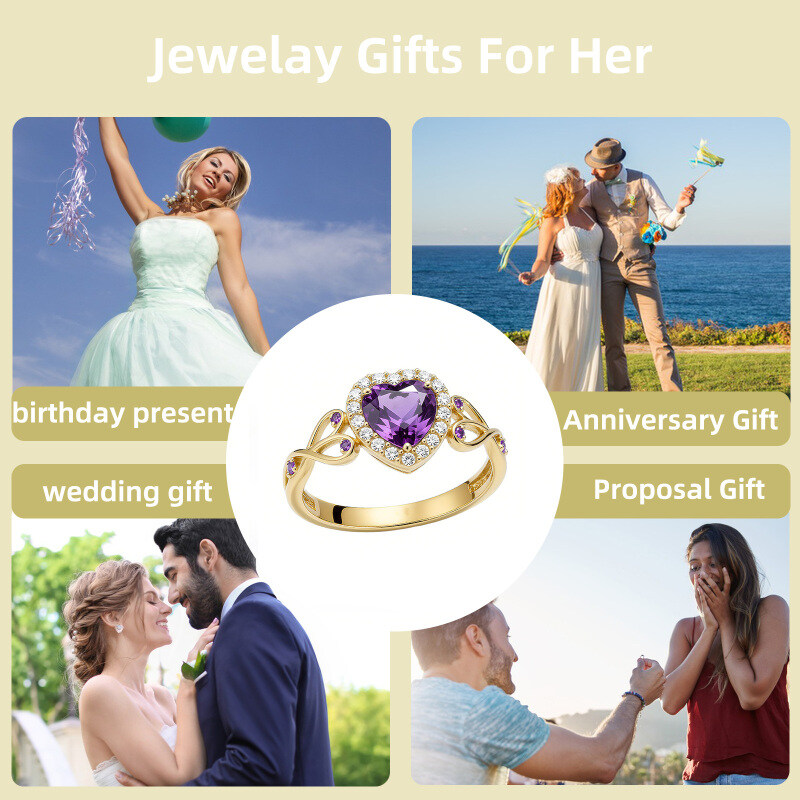 Anel de Noivado com Ametista em Forma de Coração e Diamantes Criados em Laboratório, em Ouro 14K-6