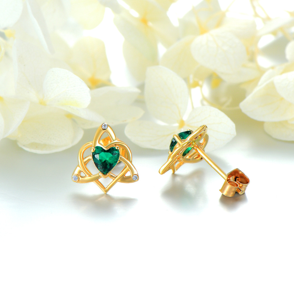 10K Gold Heart Cut Cubic Zirconia Celtic Knot Stud Earrings-4