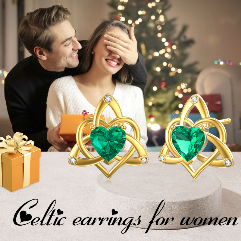 Boucles d'oreilles puces en or blanc 10 carats avec zircon cubique en forme de cœur et nœud celtique-6
