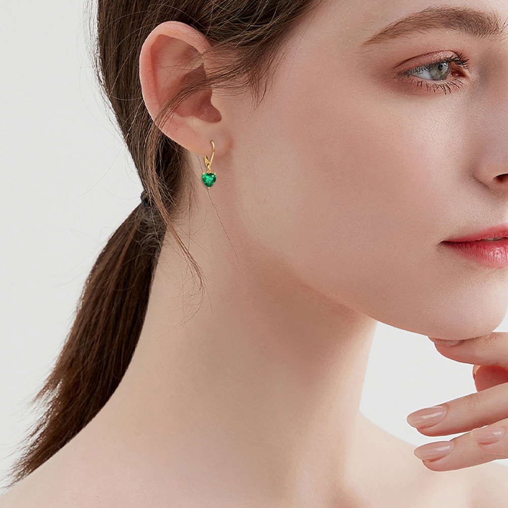10K Gold Heart Cut Lab Created Emerald Lever-back Earrings-2
