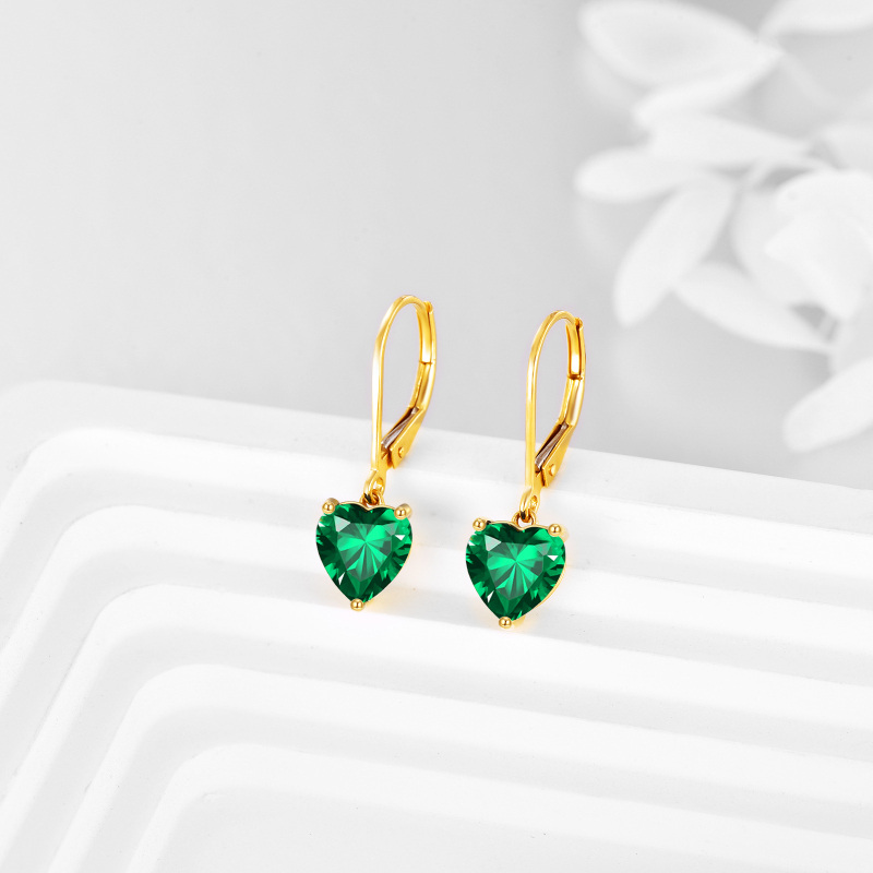 Aretes de esmeralda con corte de corazón en oro de 10 quilates, creados en laboratorio, con cierre de palanca-3